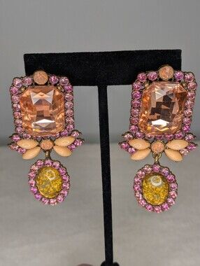 Vintage Inspired Antique Gold Peach & Pink Crystal Statement Dangle Earrings